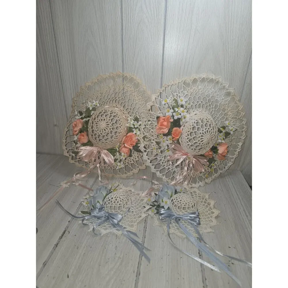 Vtg Hand Crocheted Starched Shabby Chic Decorated Hats Boho Heritage Set 4 Read